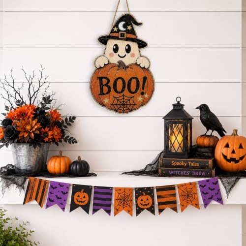 Halloween Decoration Door Sign Wooden Witch Hat Ghost Boo Pumpkin Hanging