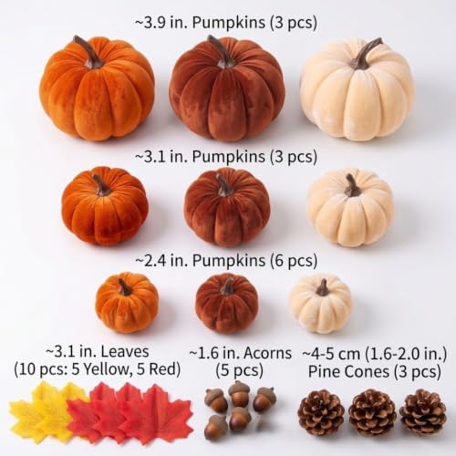 30 Pcs Velvet Fall Pumpkins Set with Leaves, Acorns & Pine Cones