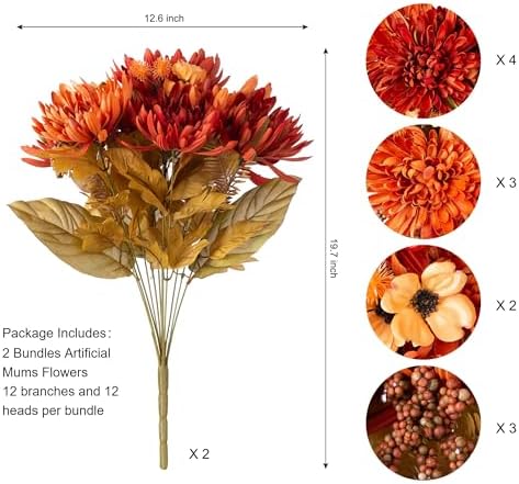 Ivydale Artificial Mums for Outdoors Fall Fake Flowers for Planters, 2 Bundles Faux Silk Chrysanthemum Bouquets, 24 Heads Flower with Long Stems for Wedding Party Home Decor
