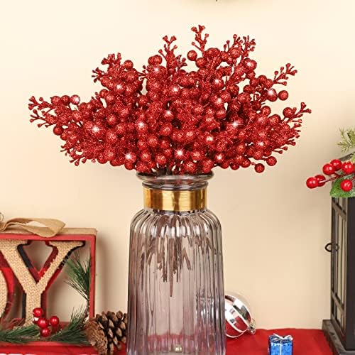 36Pcs Christmas Glitter Berry Stems, Red Artificial Christmas Tree Picks
