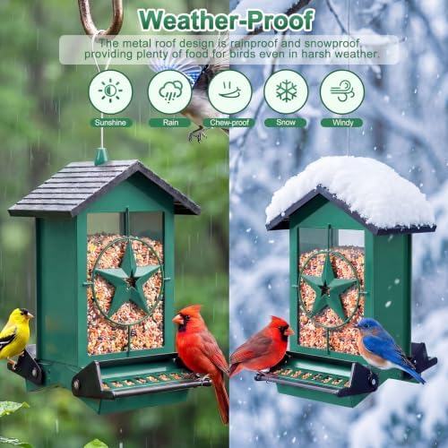 Squirrel Proof Bird Feeders for Outdoors with Weight-Activated, Metal 5LB Large Wild Bird Feeders for Cardinals,Blue Jay,Finch, Weatherproof Durable Hanging Bird Feeder for Backyard,Garden (Green)