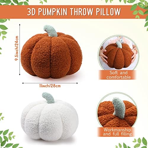 Kajaia 2 Pcs 3D Pumpkin Pillow Fall Decor Cushions,White, Brown