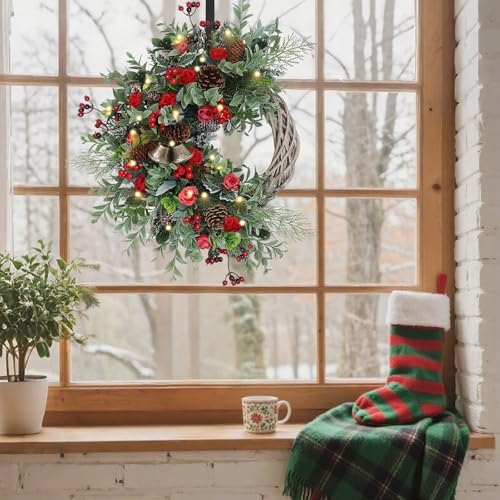 Christmas Wreath for Front Door, Artificial Door Wreaths with LED Lights Bells Berries & Pinecones Christmas Decorations, Xmas Wreaths for Wall Window Fireplace Holiday Home Decor