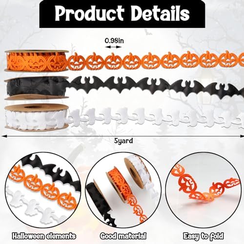 Threetols 3 Rolls 15 Yards Halloween Ribbons, Black White Orange Halloween Ribbons Pumpkin Bat Ghost Shape Craft Ribbons Trim Embellishment for Gift Wrapping Halloween Party Decoration