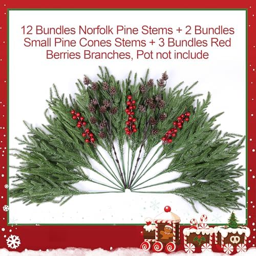HyeFlora 17 PCS Christmas Norfolk Pine Stems with Small Pinecones and Red Berries Branches,19 Inch Real Touch Artificial DIY Greenery Pine Needles, Faux Cedar Pines Picks for Wreath Garland Xmas Décor