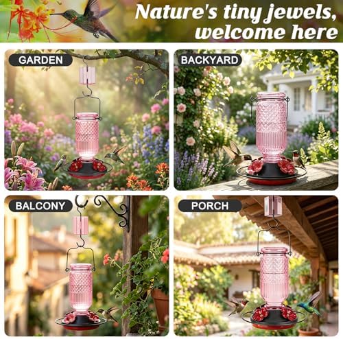 FEED GARDEN Glass Hummingbird Feeder for Outdoors Hanging, 16 OZ Humming Bird Feeders with 4 Bee Guard Feeding Ports & Built-in Ant Moat, Hummingbird Gifts for Mom Bird Feeder for Outside, Pink,2 Pack
