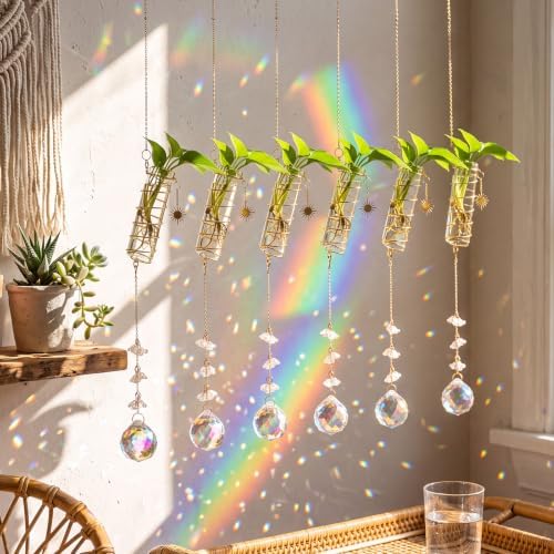 6 Pcs Plant Propagation Station Colorful Crystal Suncatcher, Handmade Boho Rooting Vase, Hanging Window Plant Propagator Stations Suncatcher with Chain Pendant Ornament Balls (Flower)