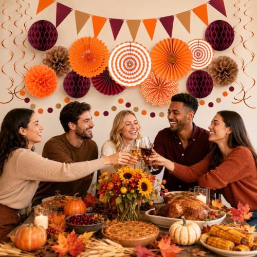 24 Pcs Fall Party Decorations, Burgundy Orange Paper Fans and Pom Poms Set