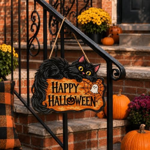 Halloween Door Sign, Wooden Black Cat Happy Halloween Hanging Wreath Plaque
