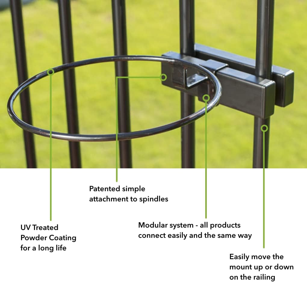 Deck Railing Plant Container Holder/Bracket Kit for Round Pot Planters (10") Connects Harmlessly to Vertical Spindled