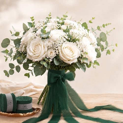 DORIS HOME Handmade Fringe Chiffon Ribbon 1" x 21Yd Green & Cream