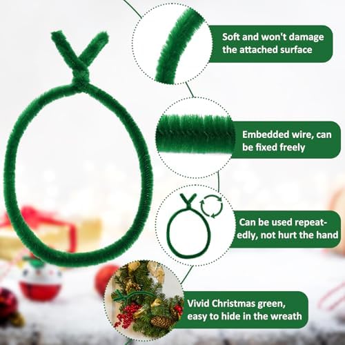 100PCS Christmas Garland Ties Green Fuzzy Chenille Stems Decorative Garland Twist Ties Reusable Holiday Wreath Hanger Fuzzy Sticks for Banister Railing Staircase Wreath Making Xmas Tree Craft Supplies