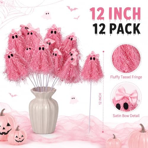 Suncalla 12 Pcs Halloween Pink Ghost Stems 12 Inch Cute Glitter Ghost Picks