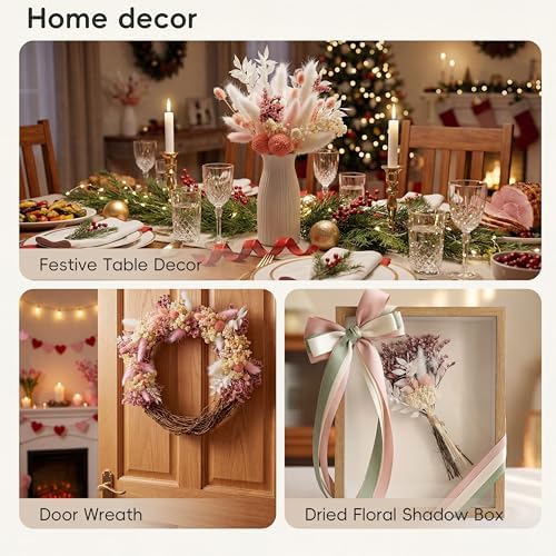 LUXEEASE 9 Kinds Pink White Dried Flowers Bouquet, 141 Pcs