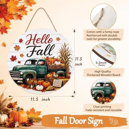 Fall Door Sign, 11.5" Wooden Hello Fall Sign with lanyard, Autumn Hanger