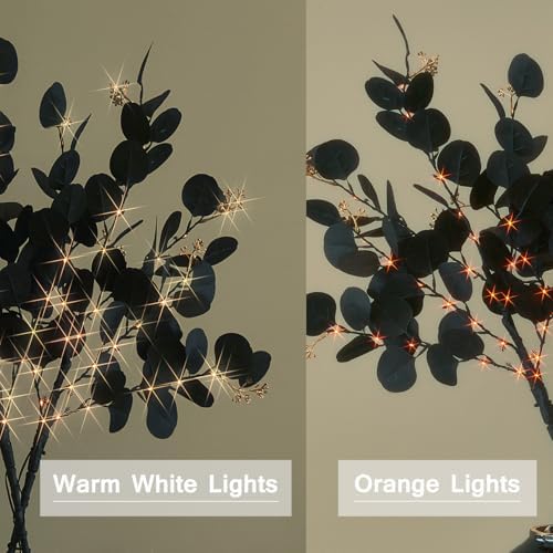 Hairui Lighted Black Eucalyptus Branches with Timer 80 LED Orange and Warm White Fairy Lights, Halloween Tree Branches with Lights 32 in with 10 Functions for Home Fall Halloween Decoration