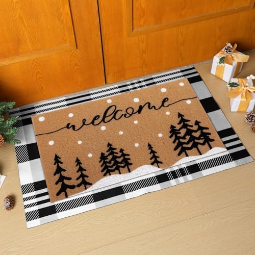 Tinideya 2 Pcs Christmas Layered Doormat Set for Front Porch, Snowy Tree