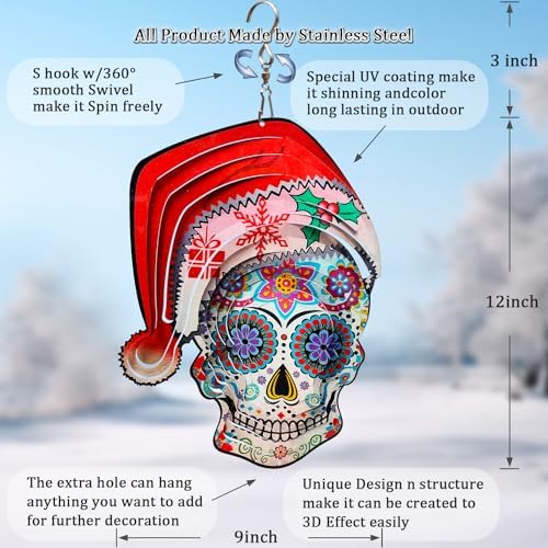 FONMY Santa Sugar Skull Wind Spinner Kinetic 3D Metal Garden Wind Sculpture Unique Gifts Christmas Decorations Quality Hanging Ornament for Home and Garden Indoor/Outdoor 12inch Mandala Wind Spinners
