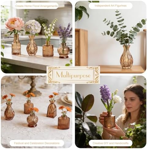 Petal Petite Small Amber Glass Bud Vase Set of 6 for Wedding Centerpieces