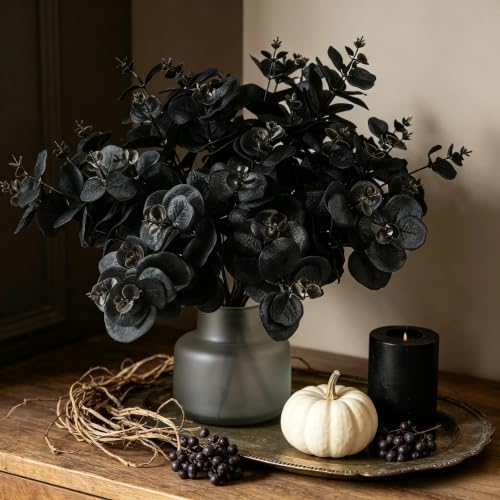 Tinsow 5 Pcs Black Artificial Eucalyptus Stems Faux Eucalyptuses Branches Black Leaf Halloween Centerpiece Halloween Home Decor (Black, 5)