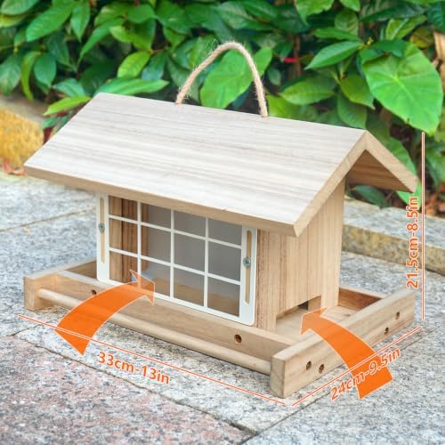 Hanging Wooden Bird Feeder with Suet Cage Fat Ball Holder for Wild Bird