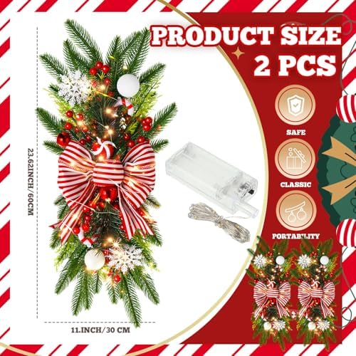 Lyrow 2 Pack 24" Christmas Stairway Swag with Lights, Red White Ribbon