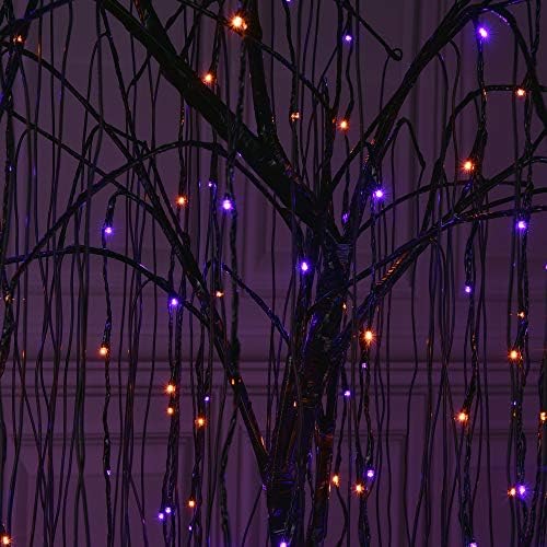 7 FT Halloween Lighted Willow Tree 256 LED Orange and Purple Lights Artificial Weeping Willow Tree with 6 Spiders Outdoor Indoor Decoration Christmas Festival Party Home Decor