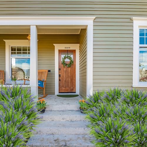 Sggvecsy 12 Bundles Artificial Plants Outdoor Faux Lavender Flowers Fake Monkey Grass UV Resistant Plastic Greenery Plants for Garden Home Porch Window Patio Hanging Planter Indoor Decor (Purple)