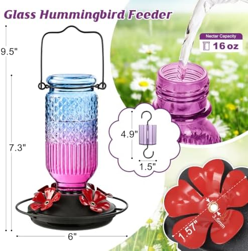 FEED GARDEN Glass Hummingbird Feeder for Outdoors, Leak-Resistant, 16 oz