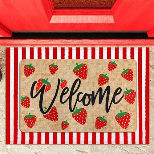 Tinideya 2 Pcs Strawberry Door Mat Set, Outdoor Welcome Front Mat