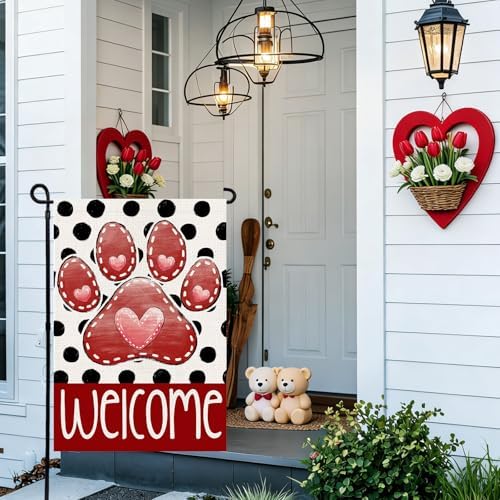 Valentines Garden Flag 12x18 In, Paw Print Heart Double Sided Flag