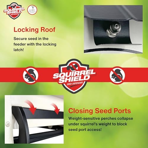 Squirrel Shield Metal Hopper Squirrel Proof Outdoor Wild Bird Seed Feeder, Hanging Bird Feeder, 2 Weight Activated Feeding Ports, Easy to Fill Roof Opening, White