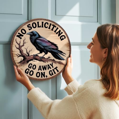 No Soliciting Wood Hanging Sign for Front Door, Crow Gifts Go On Git Door Sign