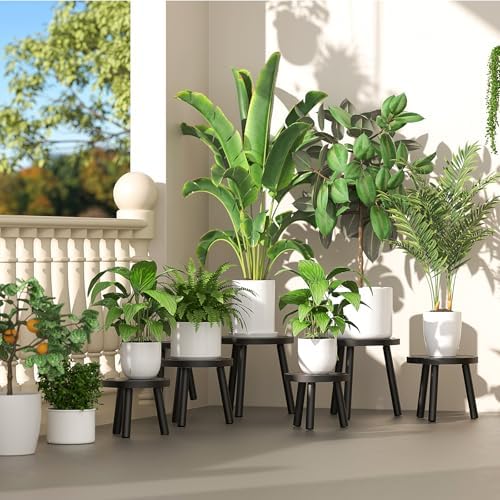 3-Pack Wood Plant Stands Indoor, Single Plant Stand for 6-12 Inch Pots, Mid-Century Modern Plant Stool, Tall Plant Stand for Large Plants for Living Room, Balcony, Office (Black)