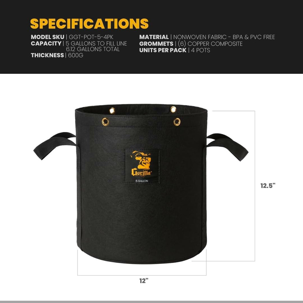 Gorilla 5 Gallon Grow Bags with Reinforced Handles – Thickest 600g, Breathable, BPA-Free Fabric Pot for Garden or