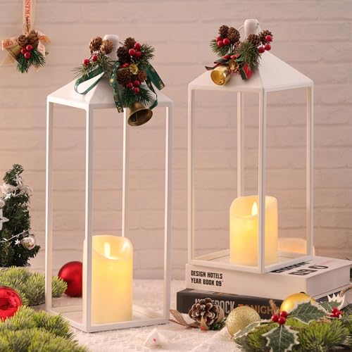 White Decorative Lantern Decor 17" 13" Set of 2 Wedding Lantern with Candle