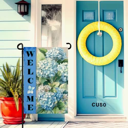 Hydrangea Garden Flags Welcome Spring Summer Yard Flag Waterproof Blue Floral Garden Flag for Outside Double Side Burlap Flowers House Banner Decor Standard Size 12×18 Inch