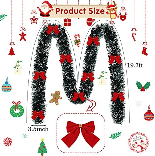 Dilunave Christmas Tinsel Garland with Red Bows,Bow Style,19.7 Feet