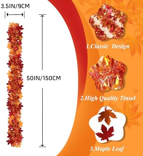 50Ft Fall Maple Leaves Garland Decorations Glitter Tinsel Leaf Thanksgiving