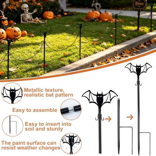 6 Pack Metal Halloween Fence for Outdoor Garden, 23.6" Halloween Graveyard Fence Spooky Yard Cemetery Decorations Bat Lawn Stakes with Connecting Chain for Pathway Haunted House Party Decor