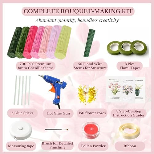 Pipe Cleaner Flower Kit, 700 PCS Chenille Stems in 7 Colors, Tools Included