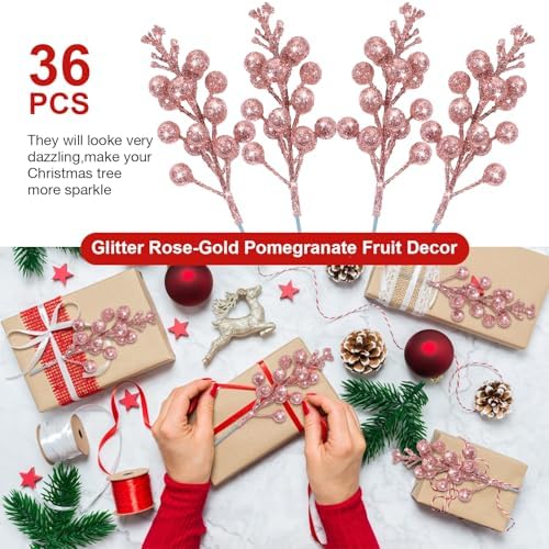 Geosar 36 Pcs Christmas Glittered Berries Stems, Rose Gold