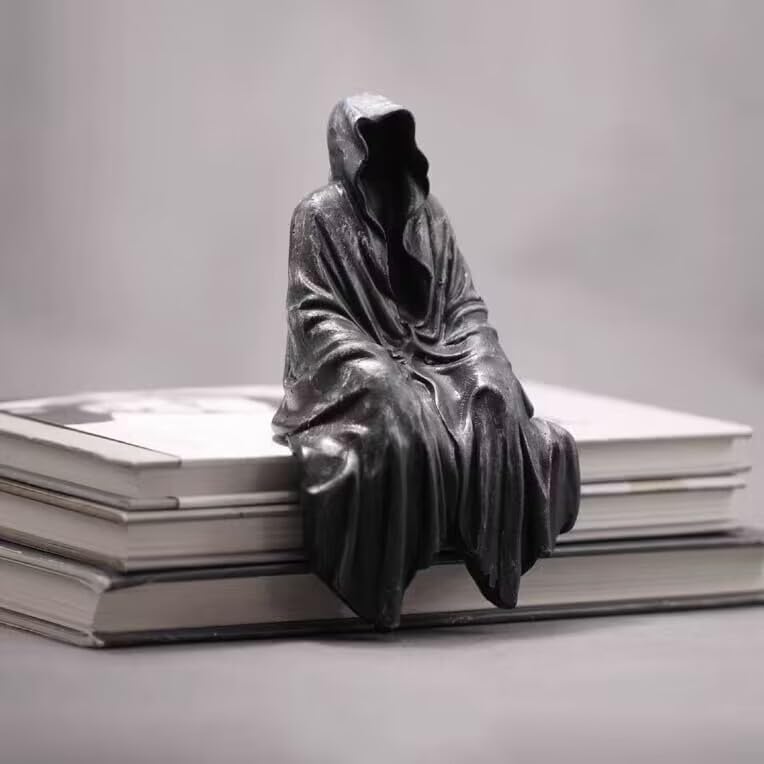 Grim Reaper Statue, Resin Gothic Throne Suriel Statue, Goth Acotar Bookshelf Decor Figurine Fantasy, Small Black Ghost Shelves Figure for Halloween Home Garden Sculpture (Death Sculpture)