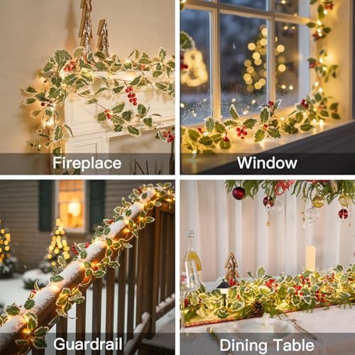 suddus String Light with Red Berries&Holly Leaf Battery Powered Copper Wire