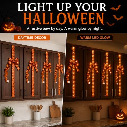 Halloween Cabinet Bow Decor, Light-Up Pumpkin Ribbon Wreath Sash (8 PCS A)