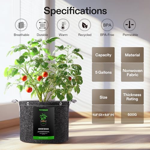 VIVOSUN 10-Pack 5 Gallon Grow Bags, 500G Thick Nonwoven Fabric Pots with Strap Handles, Multi-Purpose Rings, for Low