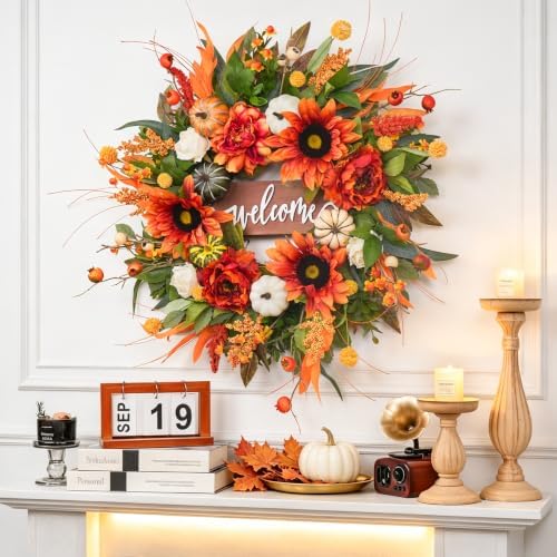 24 Inch Fall Wreaths for Front Door Outdoor, Autumn Wreath for Thanksgiving