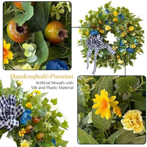 WANNA-CUL 24 Inch Blue Yellow Summer Wreath for Front Door All Season Decor