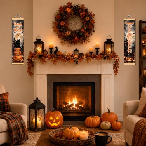 Black Cat Halloween Door Banner Set of 2, Halloween Porch Decor for Home