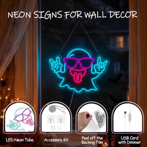 Rock Ghost Halloween Neon Sign, Dimmable LED Ghost Neon Sign for Wall Decor